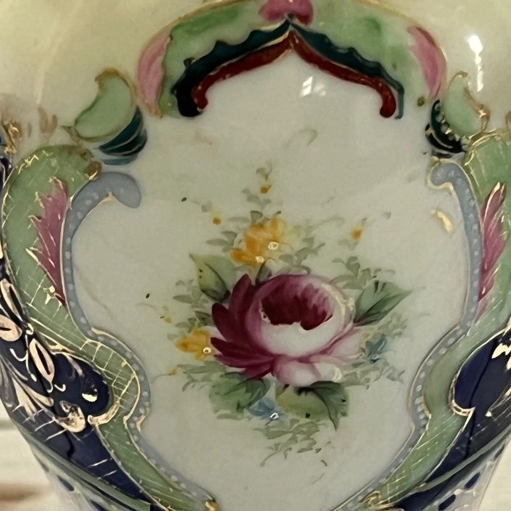 Porcelain Vase Cobalt Blue Gold Gilt Portrait Floral 9.25in